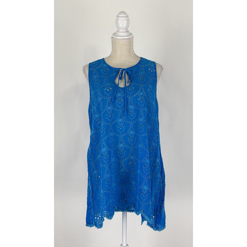 Johnny Was Mod Eyelet Sleeveless Boho Tunic Top Cobalt Blue Womens Size Medium - Picture 5 of 11